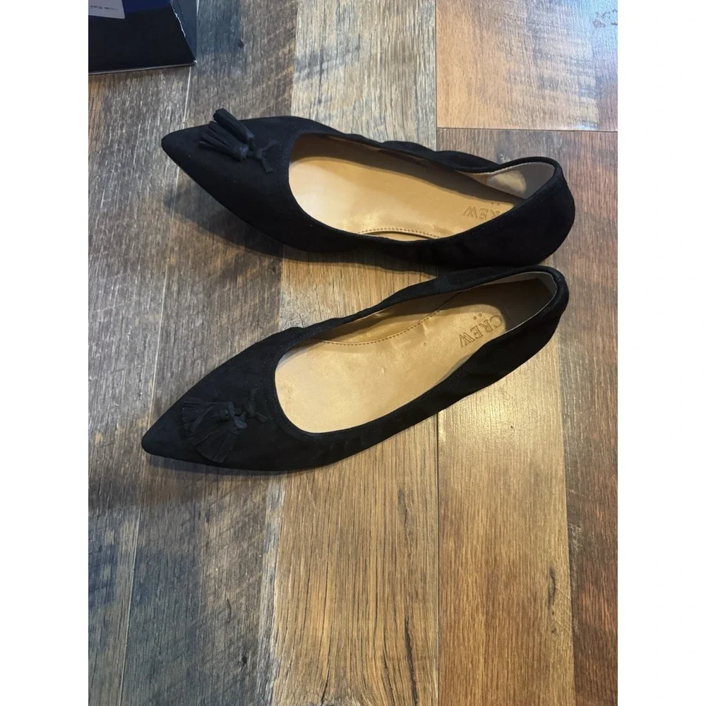 J Crew Lottie Flats Black Suede Slip On Tassel Pointed Toe Womens Shoes 9.5 NIB